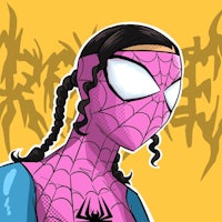 a girl in a spider - man costume with blue hair